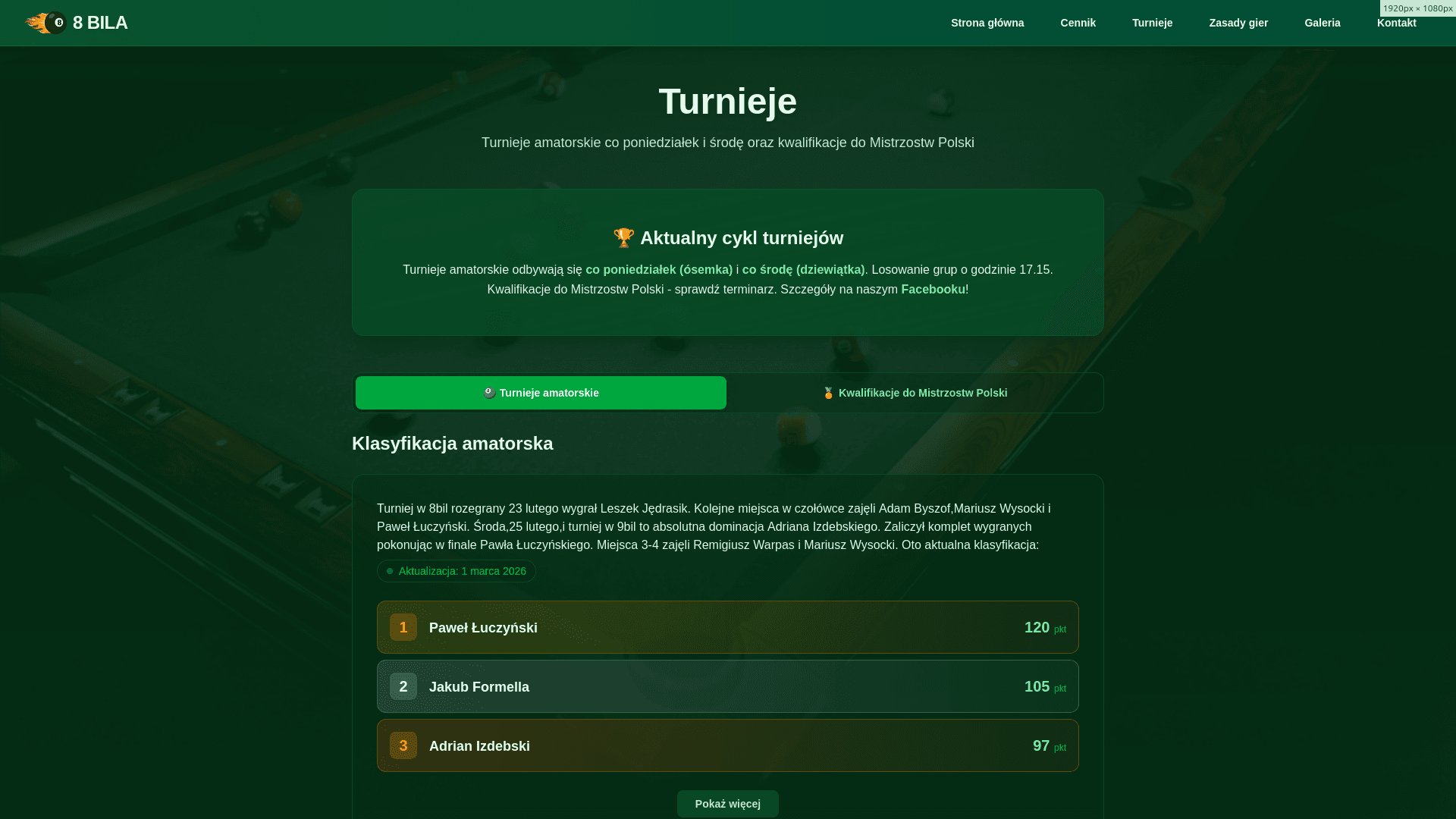 Tournaments Section on 8bila Website