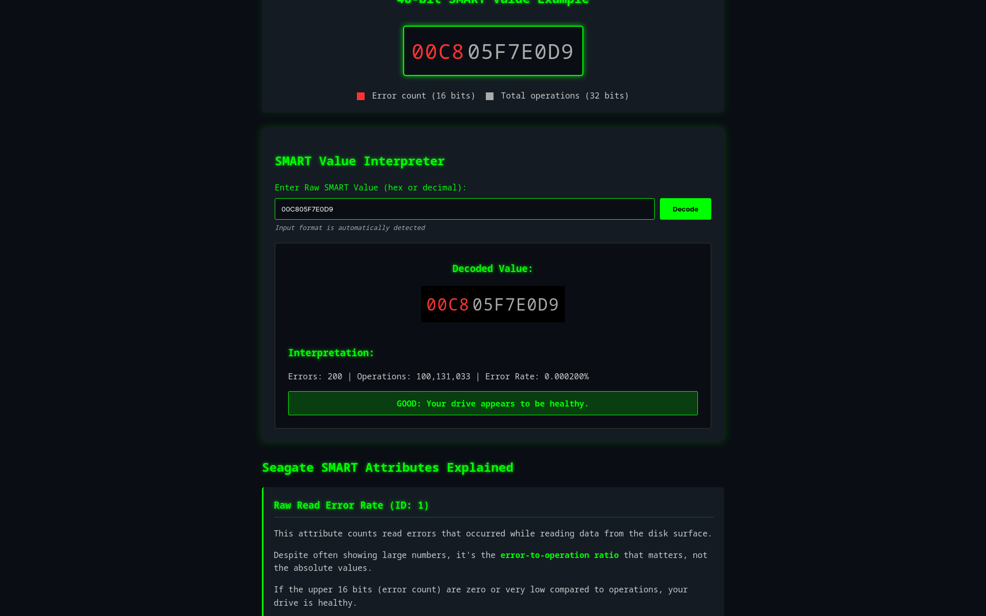SMART value interpreter with healthy values